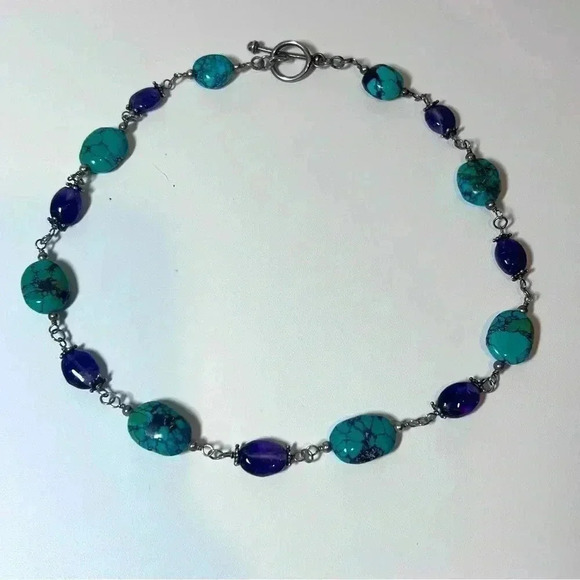 Turquoise Stone Sterling Silver Purple Amethyst  Necklace Vintage Beautiful - Picture 1 of 7